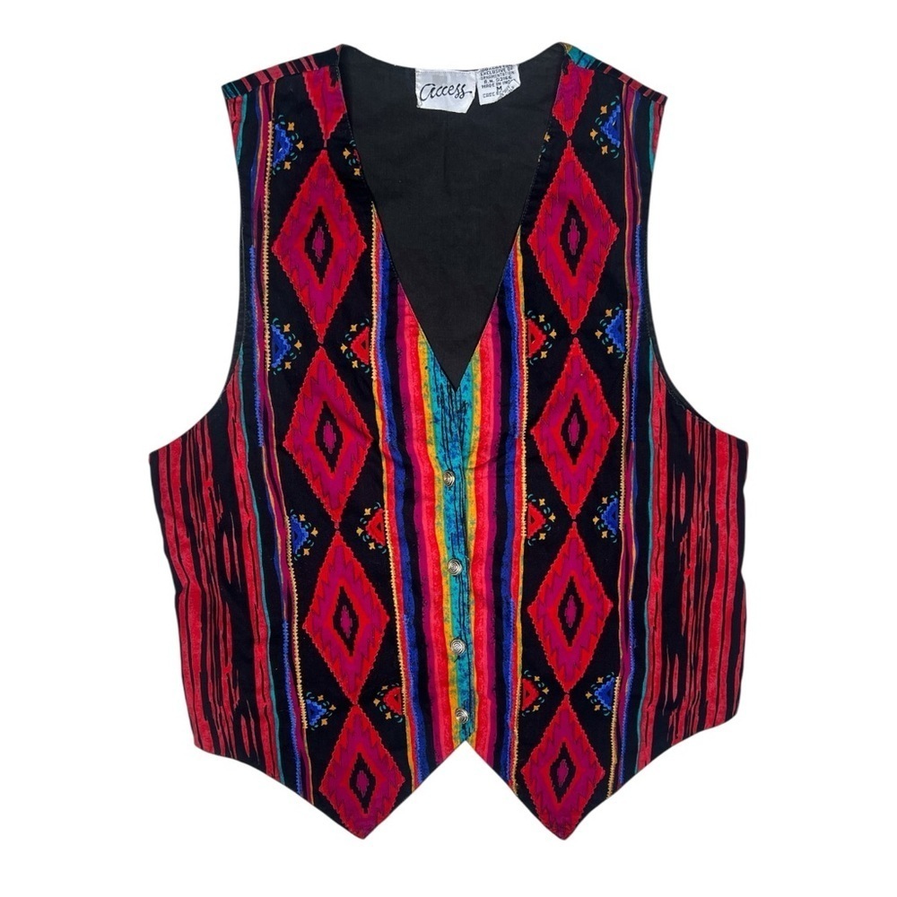 Vintage 90s Access Cotton Vest Boho Festival Aztec Southwest Print Colorful